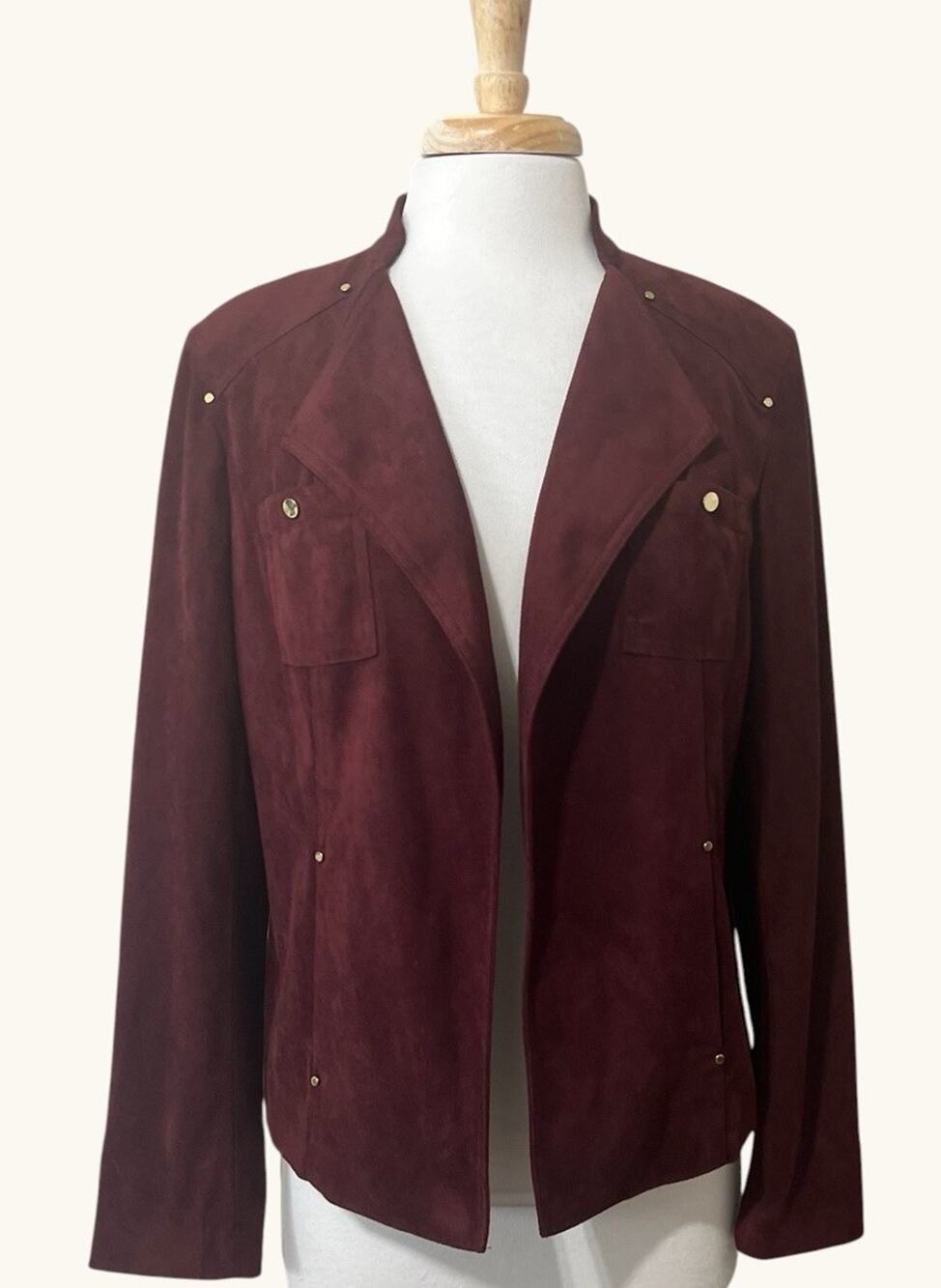 Rafaella Faux Suede Moto Style Open Jacket Edgy Chic Deep Burgundy Size Large